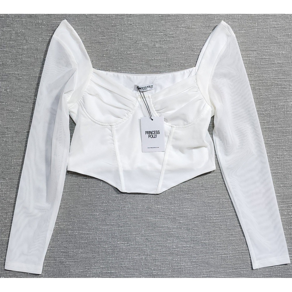 Princess Polly White Corset Top Sheer Mesh Long Sleeve Ruched Bust US 10